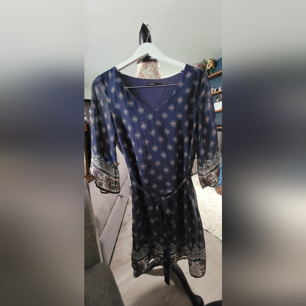Poetry Navy Blue Long Sleeve Dress with Pattern Size Small